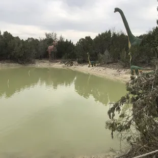 Dinos looking over a lake with koi fish
