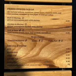 Fresh spring rolls menu 10/28/22