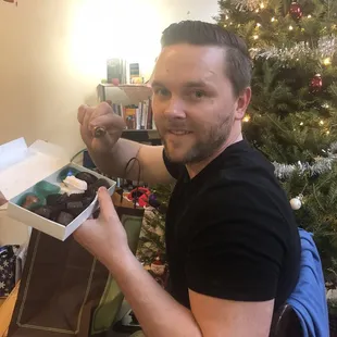 My husband trying some of the chocolates!
