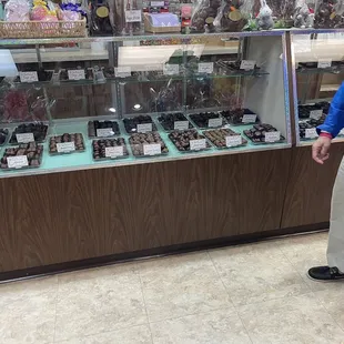 a man standing in front of a display case
