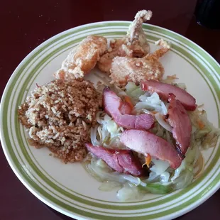 Dinner E. Chicken, fried rice and pork chow mein. Dinuba Restaurant.