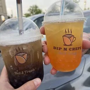 Lavender tea with blueberry bubble, passion fruit tea with mango bubbles.