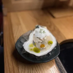 a raw oyster on a plate