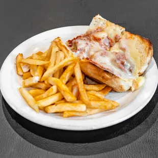 Italian meatballs, homemade marinara sauce, mozzarella and baked roll on a French roll