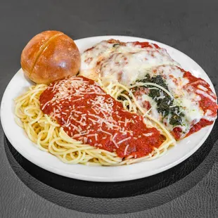 hand bredded eggplant, homemade marinara sauce, pesto, mozzarella and pasta