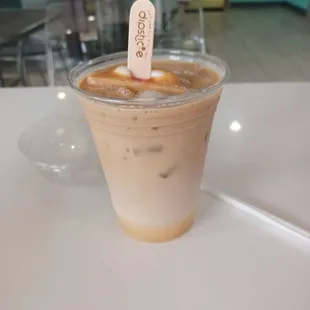 White mocha latte with strawberry shortcake gelato