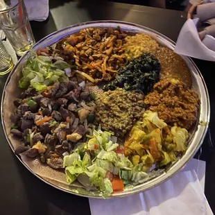 Ethiopian platter with lamb; chicken; and beef