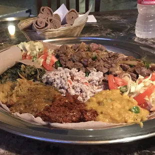 Vegi combo and stir fried lamb (yebeg tibis).