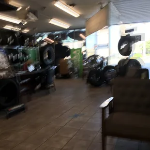 Towards the tire area. Sitting near snack machine