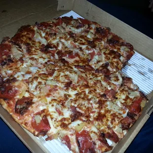 Bacon, pepperoni, with pineapple extra crispy... my personal favorite