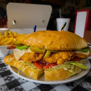 a fried chicken sandwich and french fries