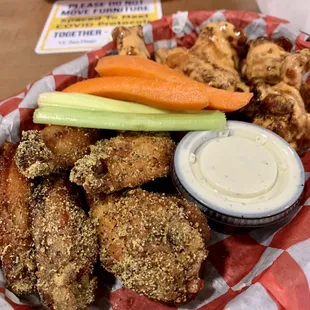 chicken wings, carrots, and celery