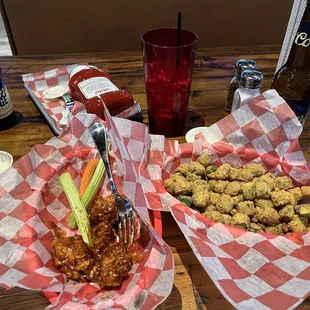 Jerk wing sauce on 1/2# boneless and the appetizer basket of fried okra.