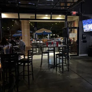 Garage doors open to patio