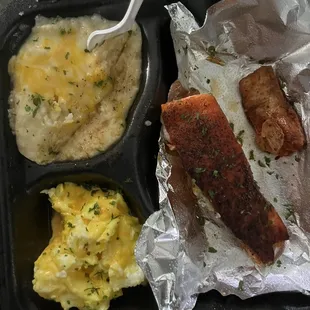 Salmon, grits and eggs