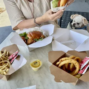Onion rings, fries, and a grilled chicken sandwich and a fried chicken sandwich with bacon