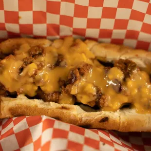 a chili cheese dog in a basket