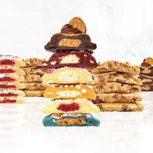 a pile of cookies and a stack of cookies