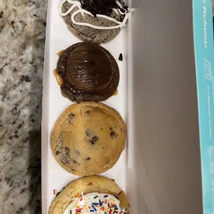 Cookies n cream, brownie , chocolate chip, pop tart