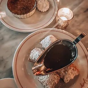 Creme brulee, beignets.