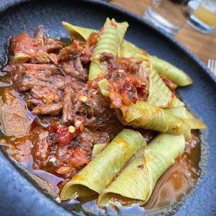 SPINACH GARGANELLI / SMOKED BEEF RAGU / CALABRIAN PEPPERS RELISH