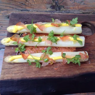 Asparagus / Cashew Romesco / Smoked Egg Yolk / Lomo
