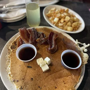 Candied back, pancake, and side of potatoes