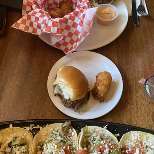 Amazing Elk Slider with tater tots and Shrimp tacos! Wow! So tasty!