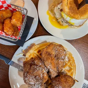 Parmesan Tots, chicken in a biscuit, chicken &amp; waffle