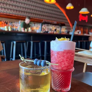 wo drinks on a table in a restaurant