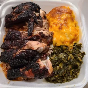 Jerk chicken (white) with greens, red beans, Mac n Cheese