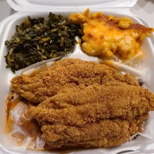 Fried catfish, red beans, greens and Mac n Cheese