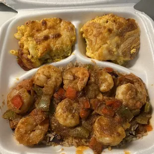 Jerk shrimp with double mac and cheese