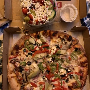 Greek Salad and Small Veggie Pizza