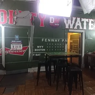 a bar with stools and tables