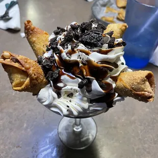 Martini Sundae featuring cookie dough egg rolls.