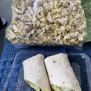 Freshly popped special mix popcorn  and curried chicken and craisins.  Delicious!!!!!