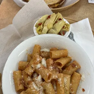 Pasta special, Marinated Artichoke Salad, and sandwich