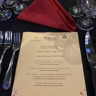 Dinner and wine menu.