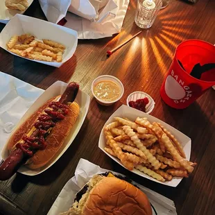 Disco dog, disco burger &amp; side order of fries with extra sauce.