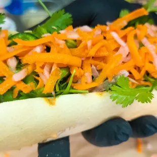 a hot dog with carrots and onions
