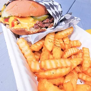 a cheeseburger and french fries