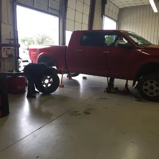 Discount Auto Glass and Tire technician installing tires on this 2500 Dodge Ram. We do tires for most makes, models, and brands.