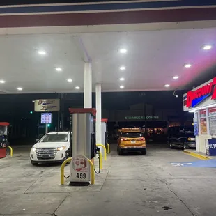 a gas station at night