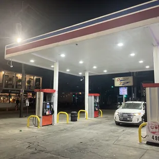 a gas station at night