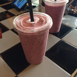 Fruit smoothie, but all out of fruit except blueberries, bummer.