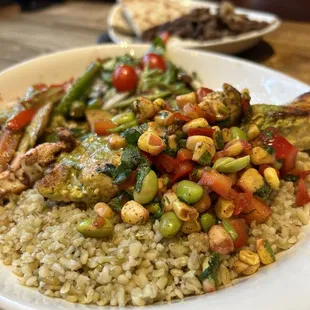 Salmon Grill Plate w/ freekeh, salad and grilled veggies