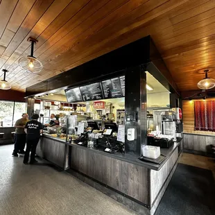 a view of a restaurant counter
