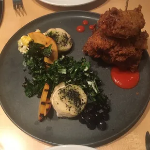 Fried Chicken w Peach Chili sauce, coconut kale and Basil Biscuit