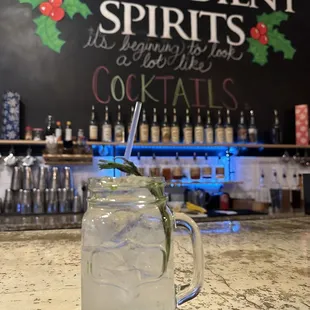 a drink in a mason jar
